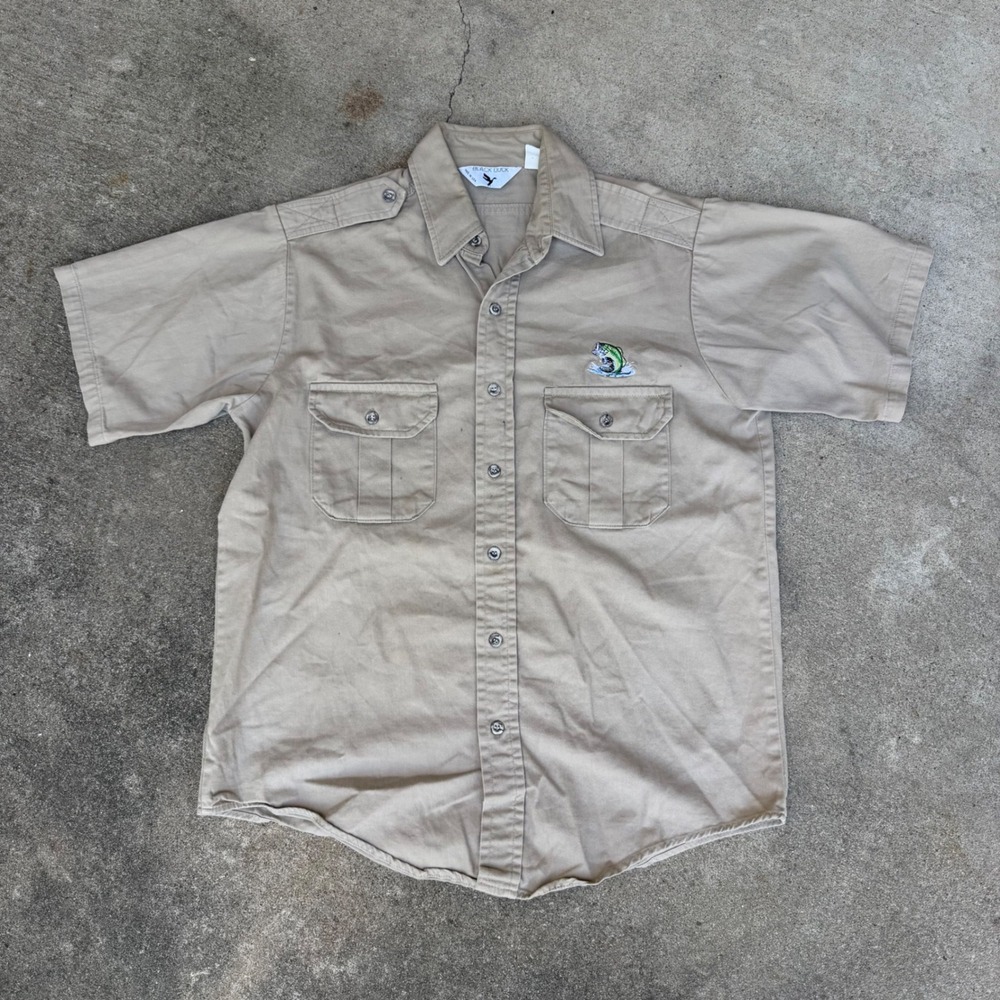 Vintage Black Duck Mens Khaki Cotton Fishing Shirt Bass Embroidered M